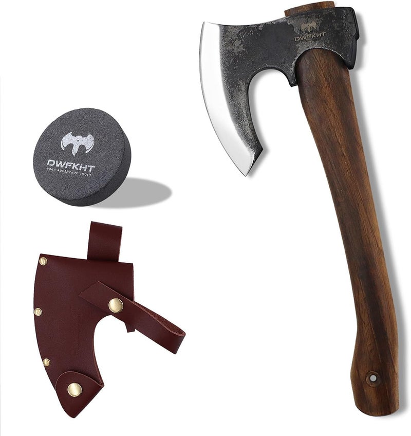 DWFKHT 14.6" Hatchet, Camping Hatchet with Leather Sheath, Bushcraft Axe with 1065 Carbon Steel & Beech Handle, Survival Axe for Wood Splitting and Chopping - Perfect for Gardening and Outdoor - Image 1